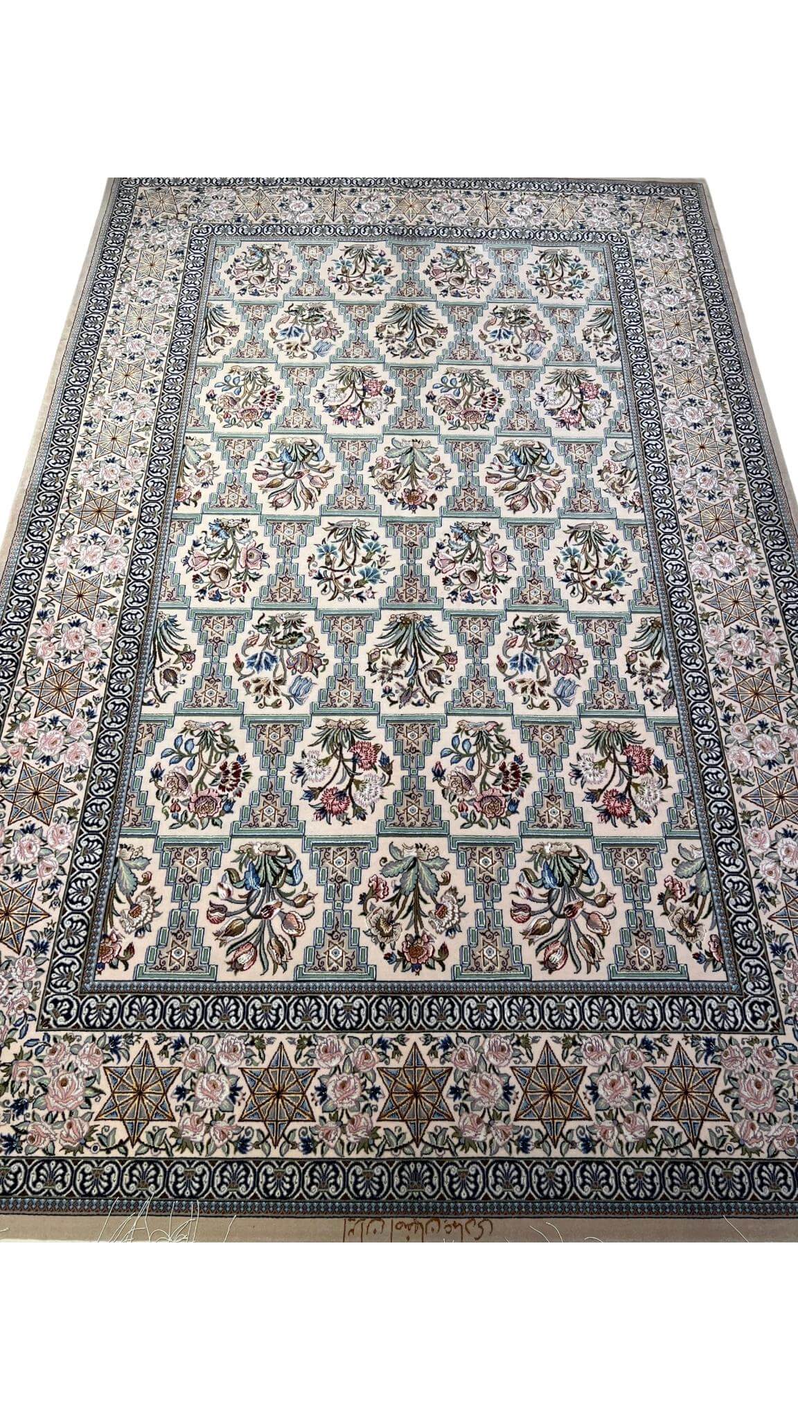 "Intricate beige Isfahan Persian rug with centuries-old design motifs"